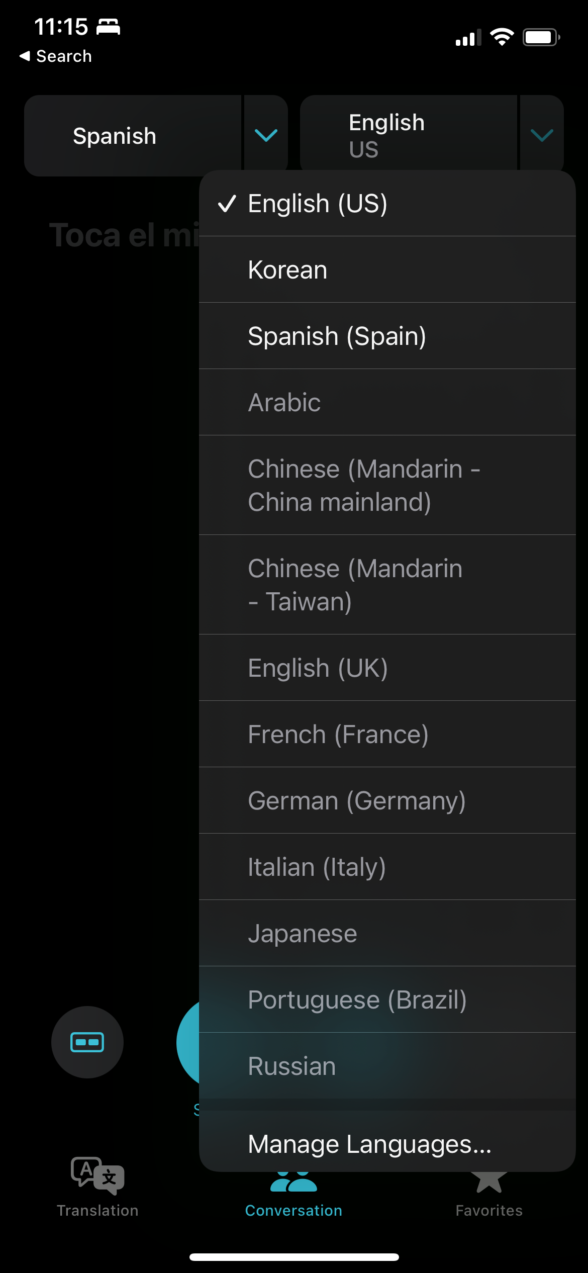 Languages Options on Translate App