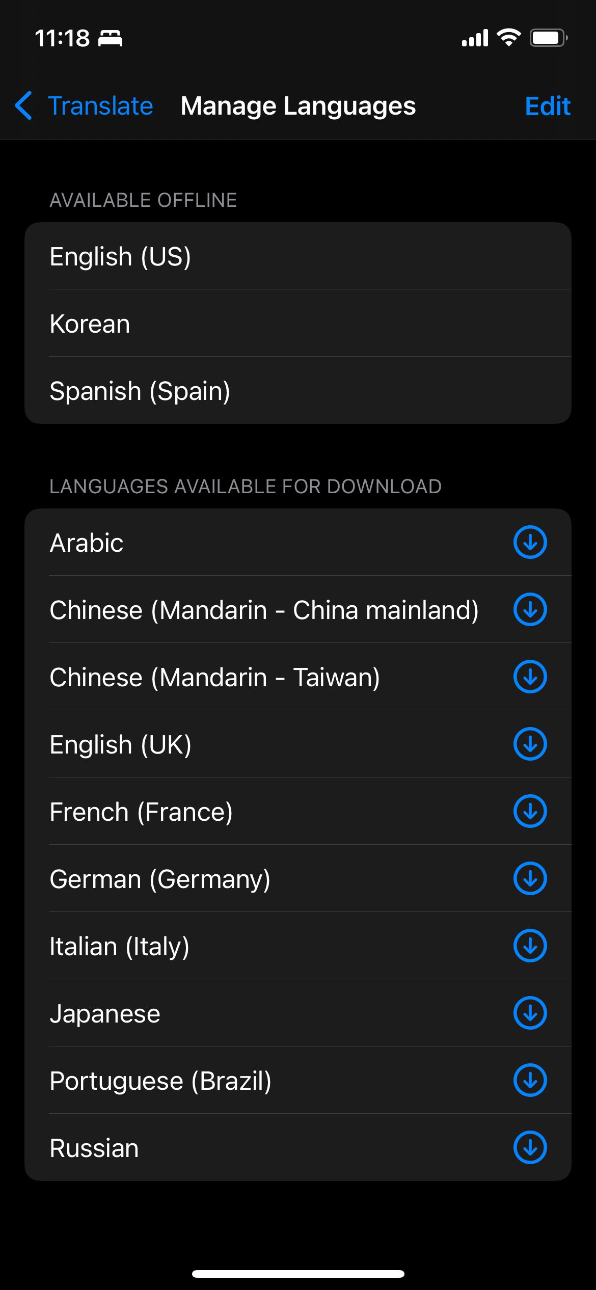 Manage Languages in Settings in Translate