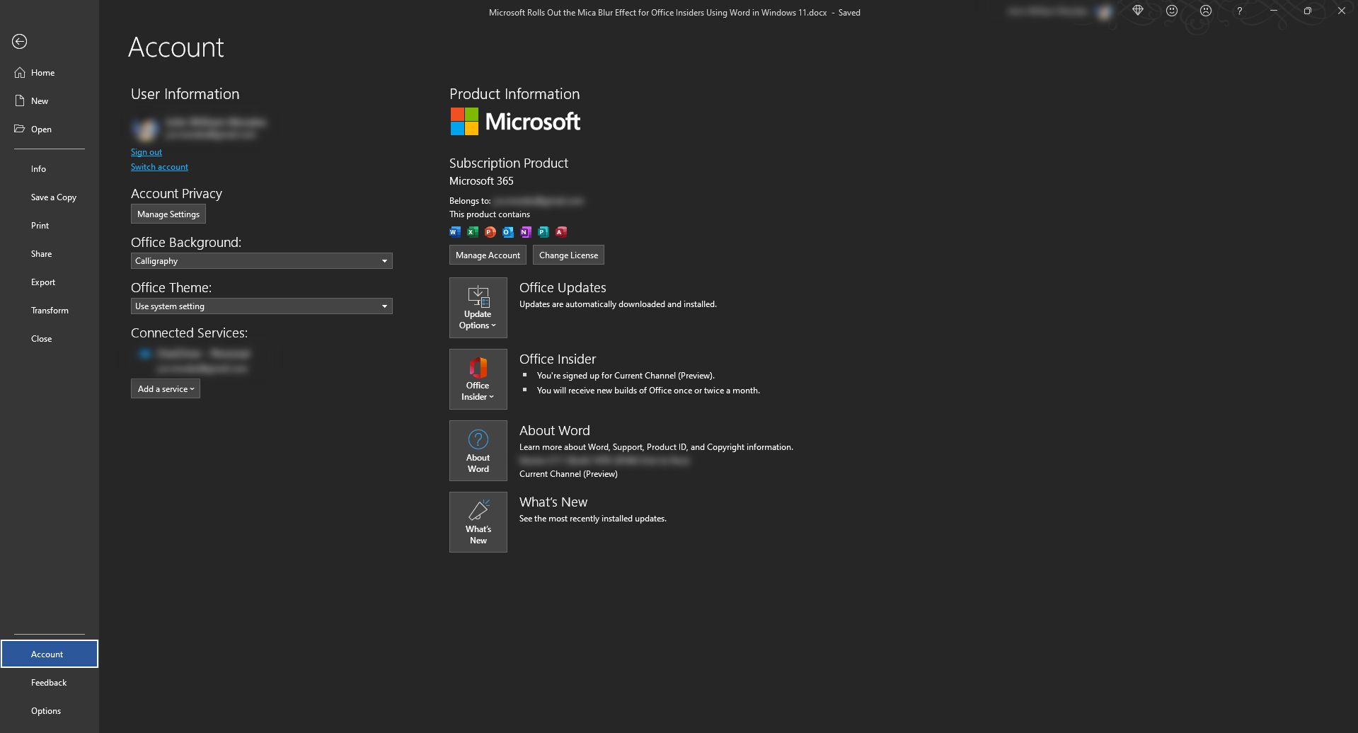 Microsoft Word Account window showing Office Insider status