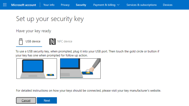 Microsoft sign in set up Security Key