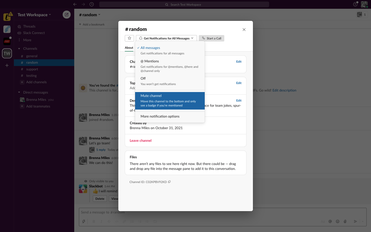 Image shows how to mute a channel inside Slack