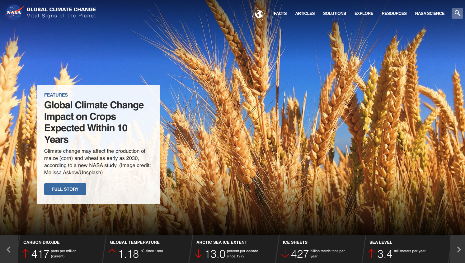 Website layout for NASA featuring a photo of wheat