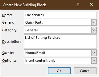 New Building Block menu for a new Quick Part in Outlook 365