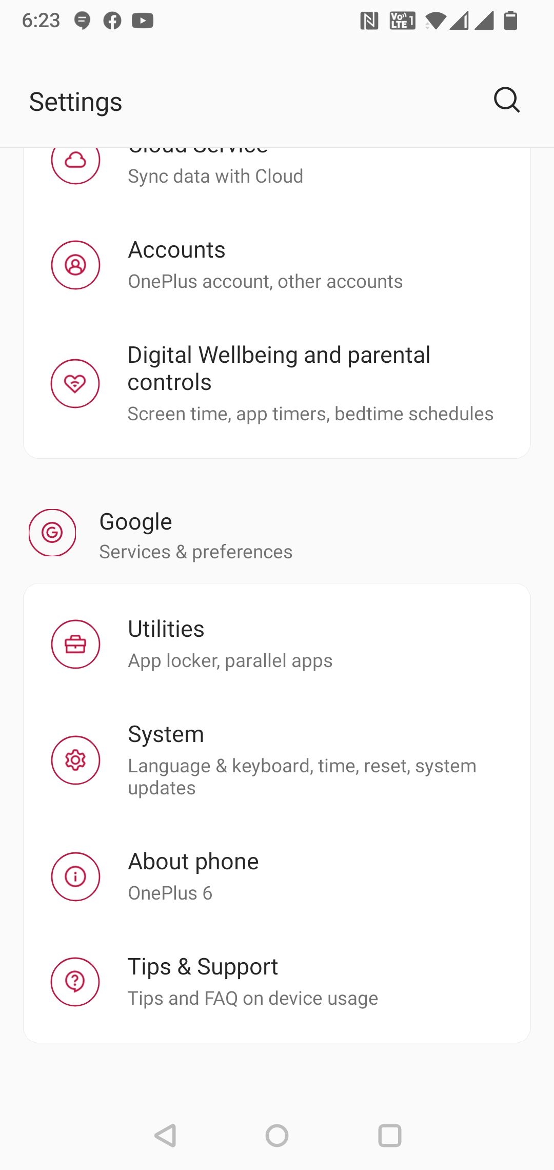 OnePlus Settings menu