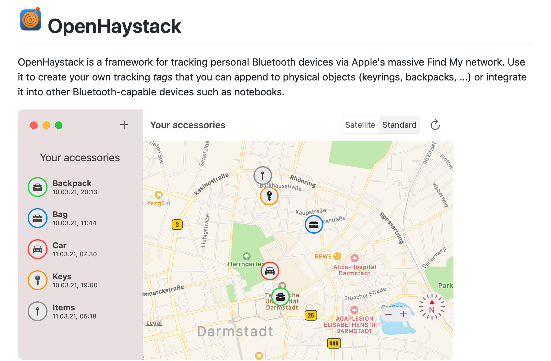 A screenshot of the user interface for the application OpenHaystack