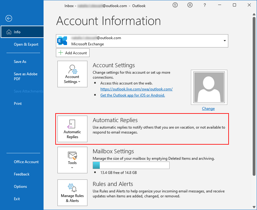 Outlook Desktop Automatic Replies in the File menu