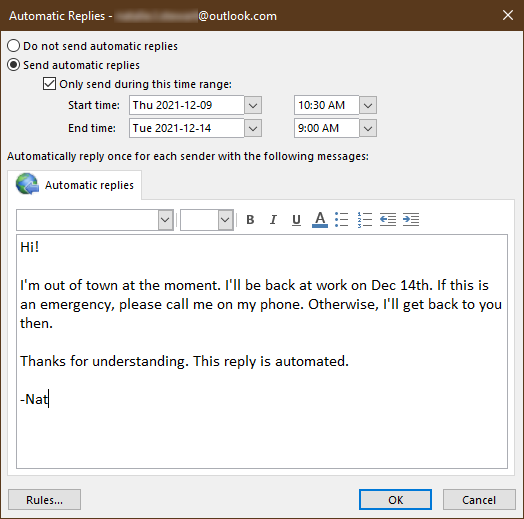 Outlook Desktop Automatic Reply composer
