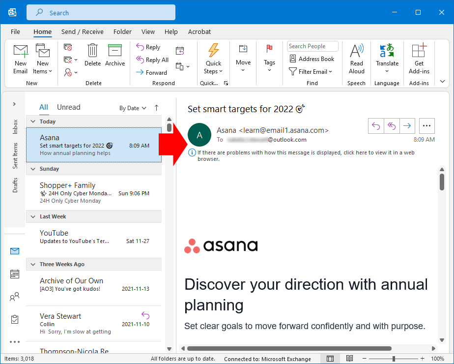 Outlook email preview in the desktop app