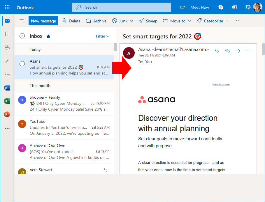 Outlook email preview in the web browser version