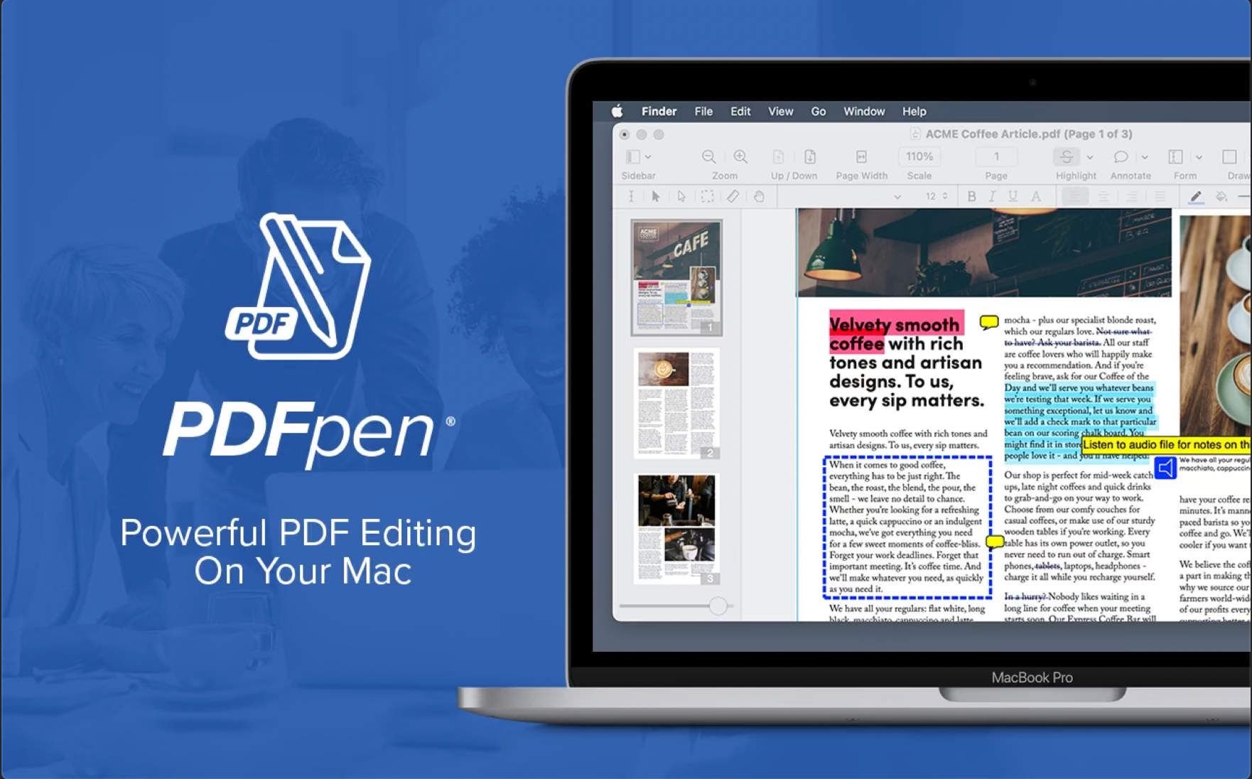PDFpenPro logo beside a MacBook Pro using PDFpenPro for annotating a PDF