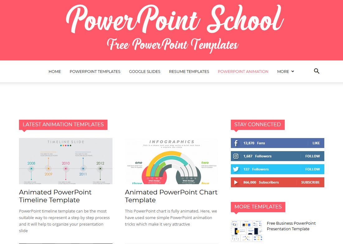 PowerPointSchool showing animated template options