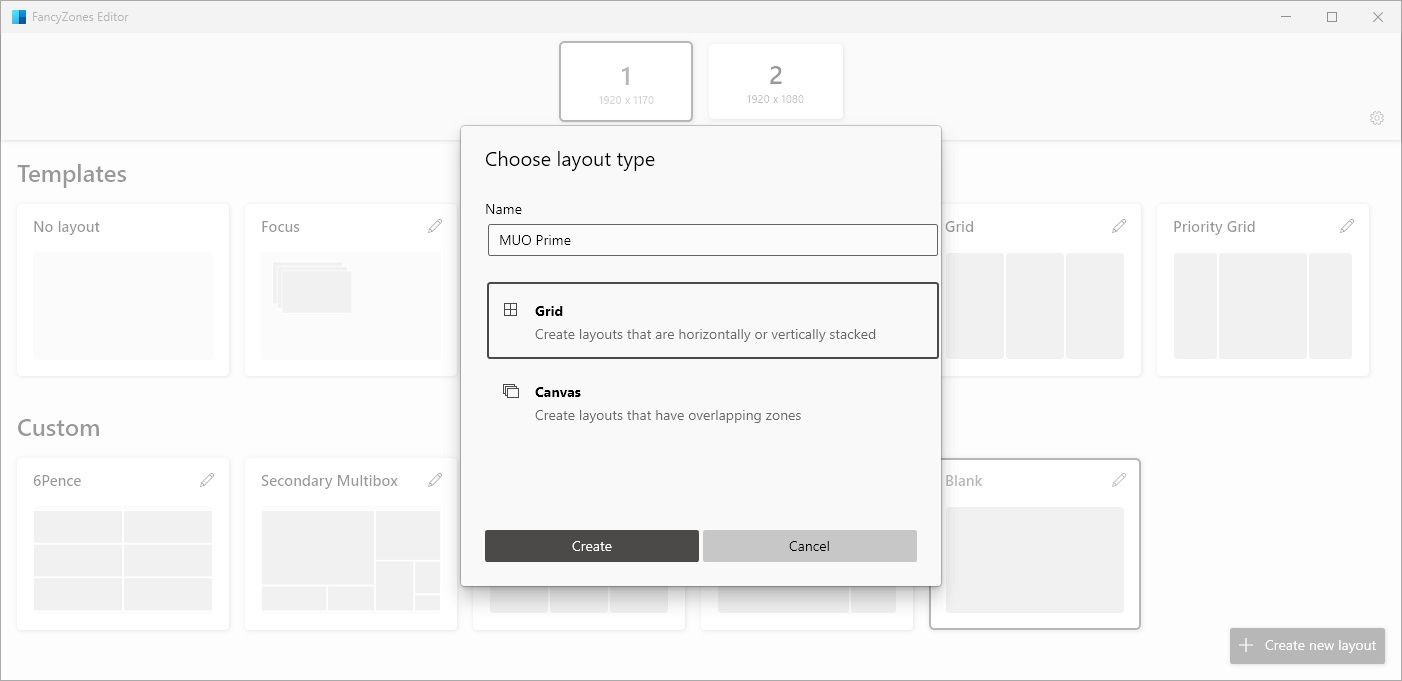 You can create two types of FancyZones layouts, depending on if you want your windows stacked or overlapping.