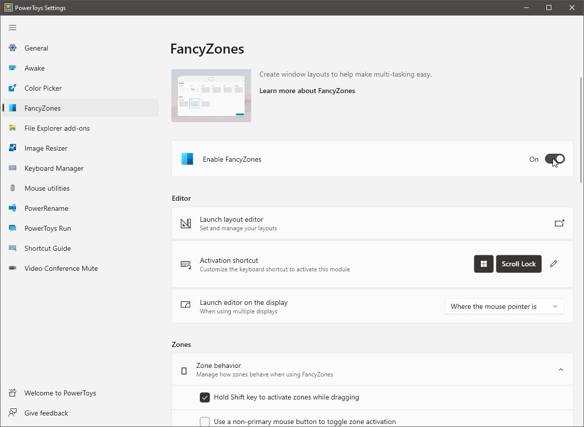 PowerToys FancyZones main options page