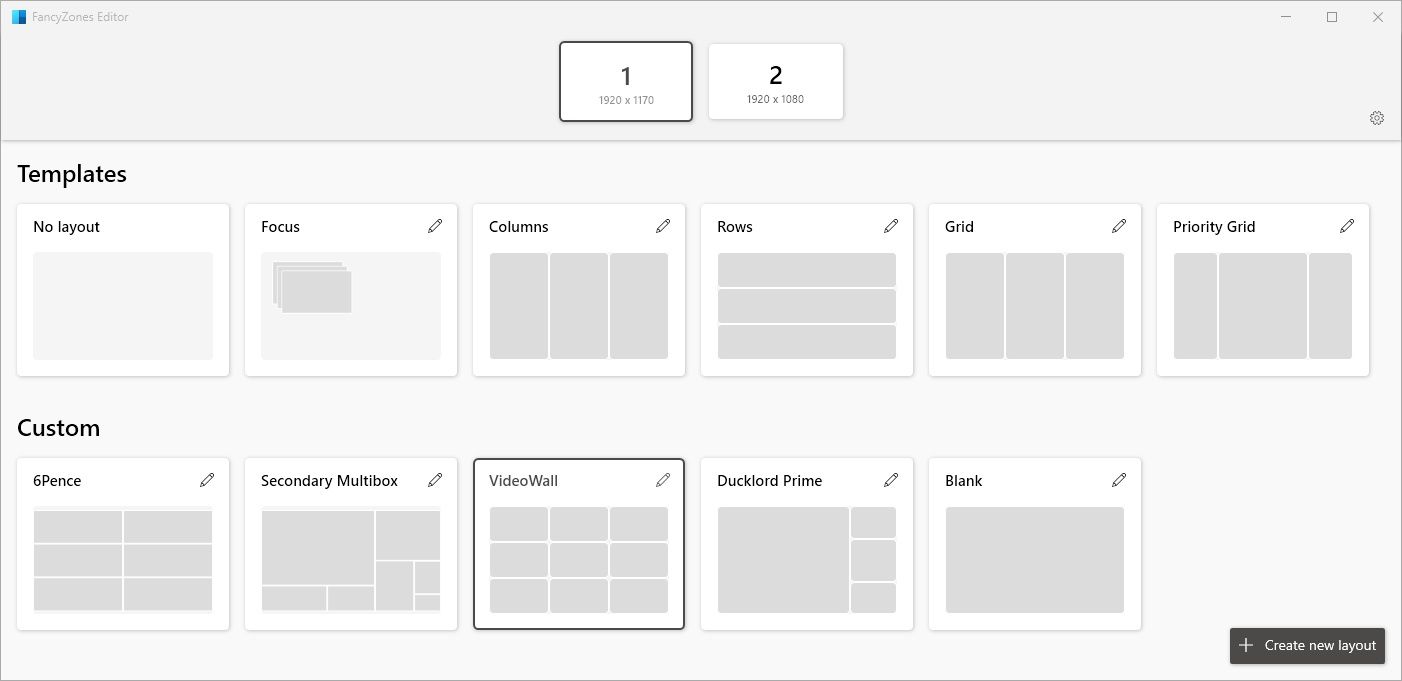 FancyZones supports multiple monitors and comes with a nice collection of predefined zone templates.