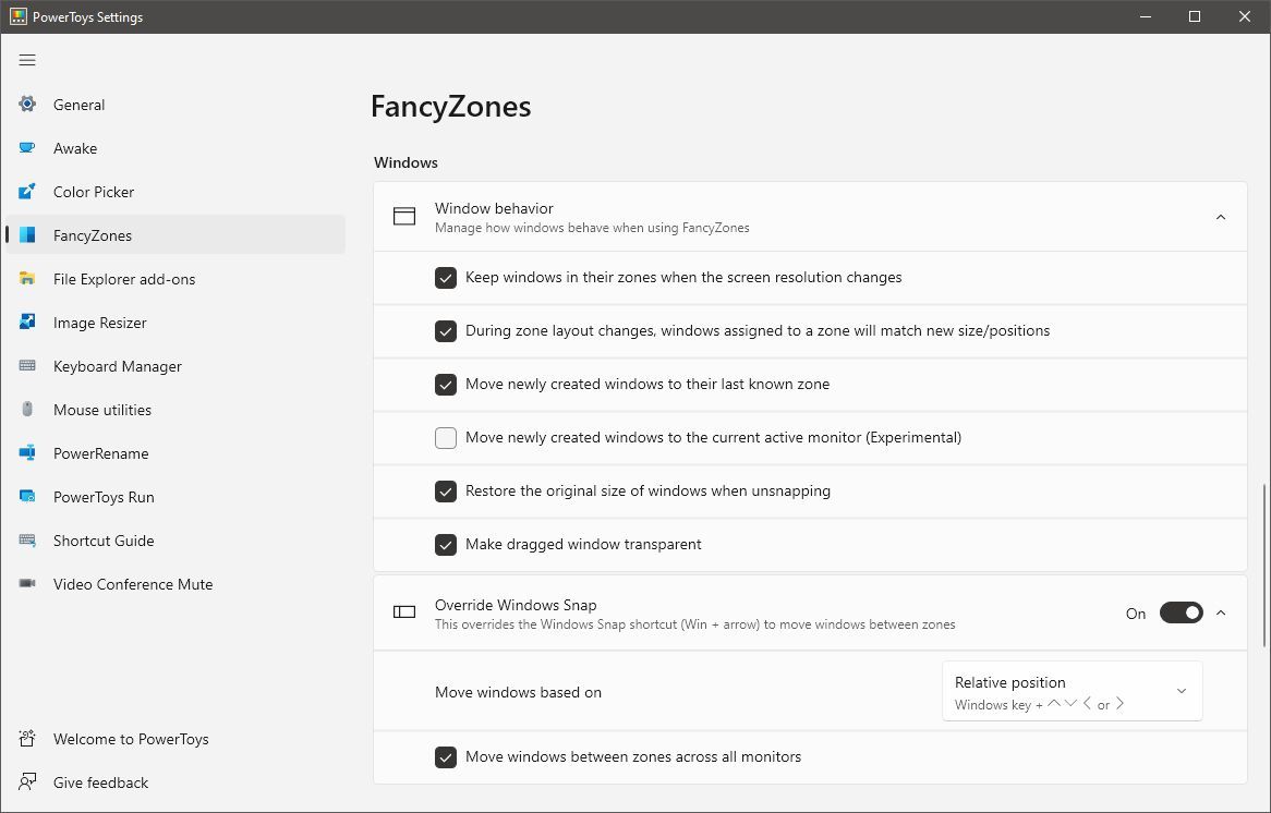 Keep windows from changing positions by tweaking the options under the "Windows" section in FancyZones' settings.