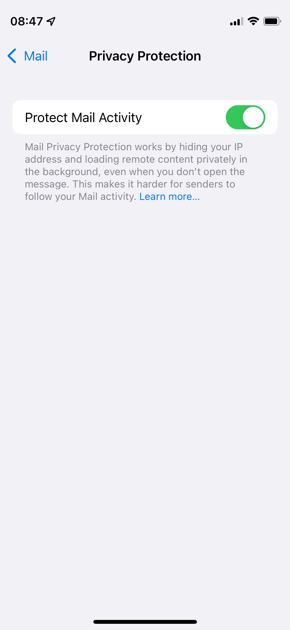 Privacy Protection page in iOS Mail Settings