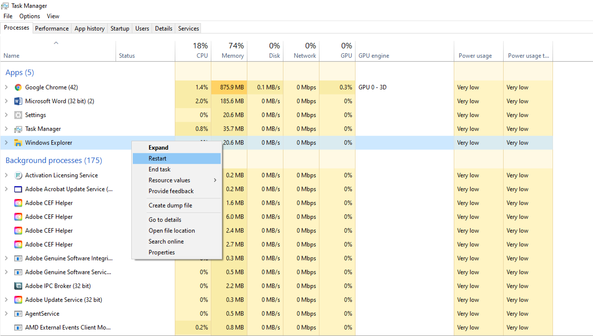 Restarting Windows Explorer in Windows Task Manager