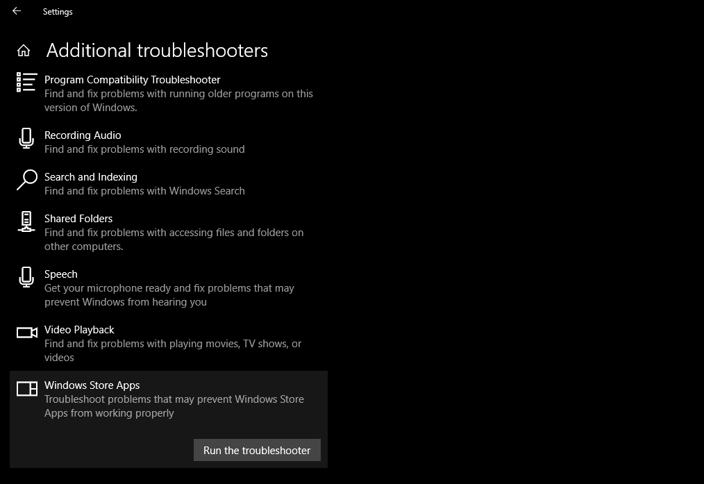 Running Windows Store Apps Troubleshooter in Windows Settings