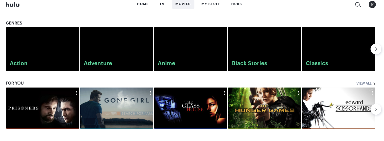 Hulu's movie streaming library showing movie recommendations