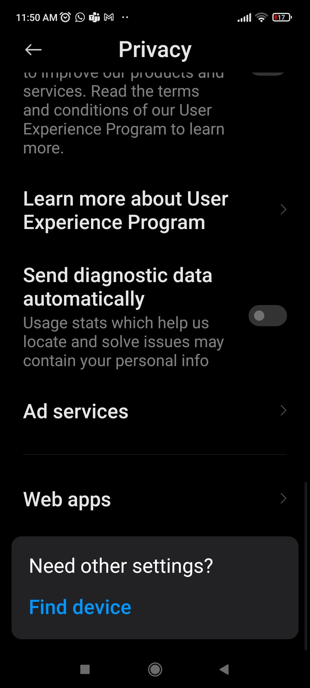 Screenshot showing Ad Services Option in Xiaomi Settings