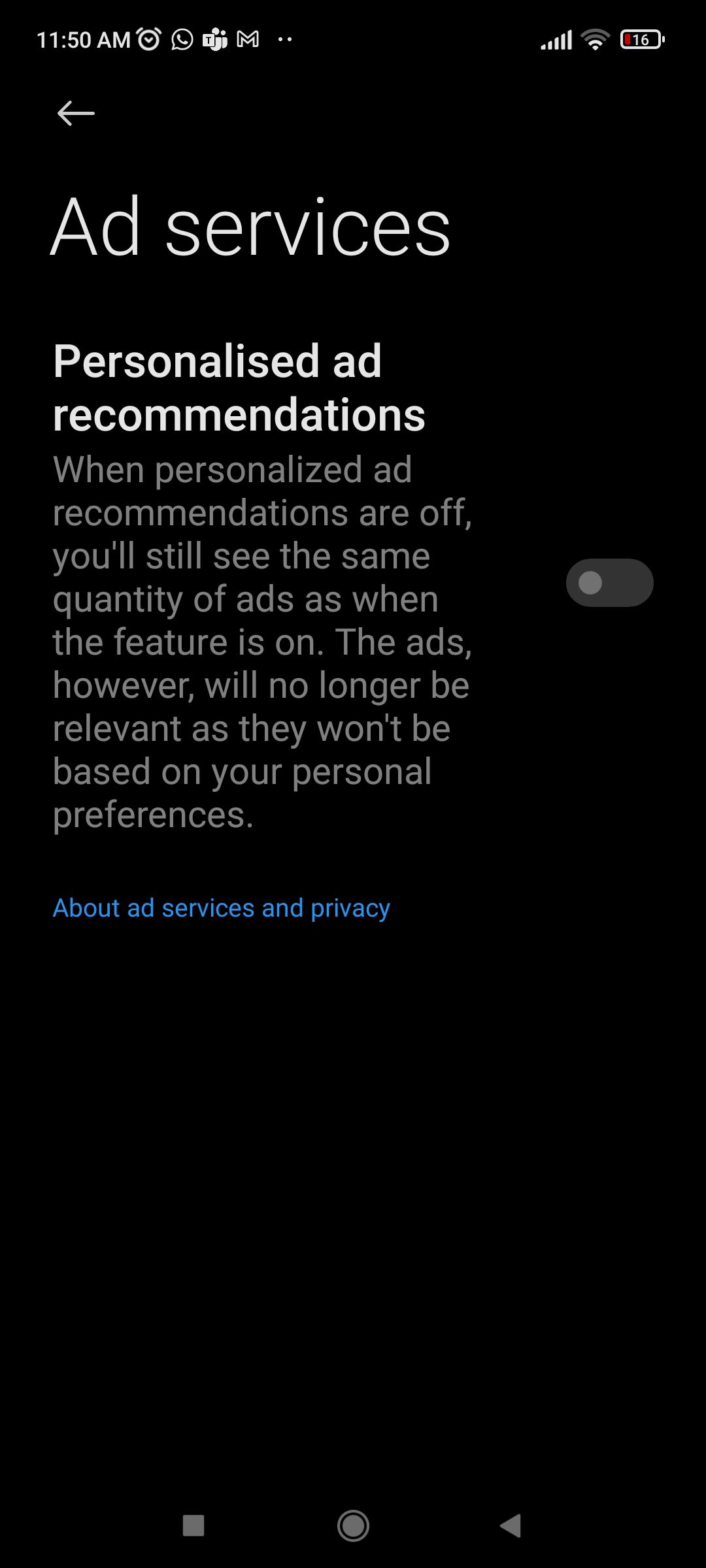 Screenshot showing Personalized Ads turned off in Xiaomi Settings