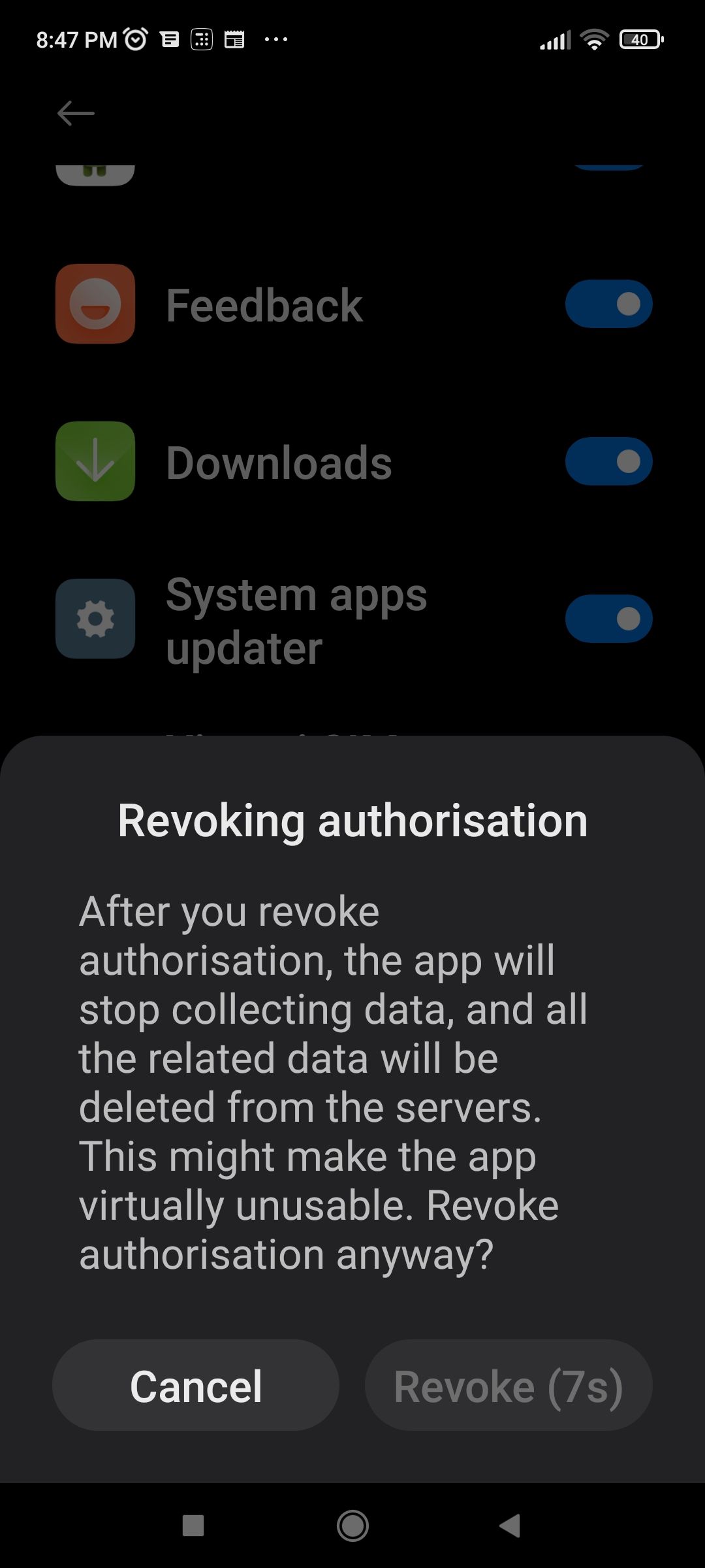 Revoking Authorisation Screen in Xiaomi GetApps