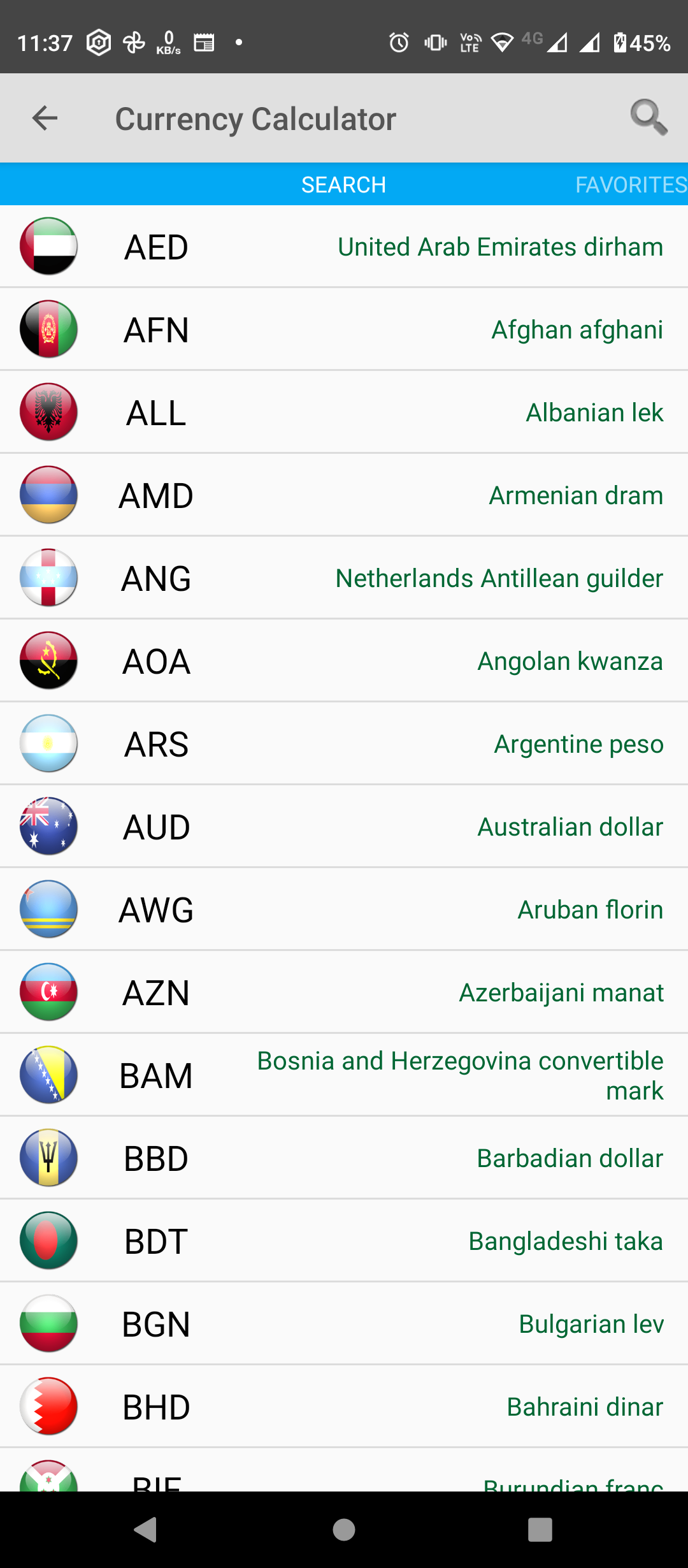 All the currencies listed in the app are shown