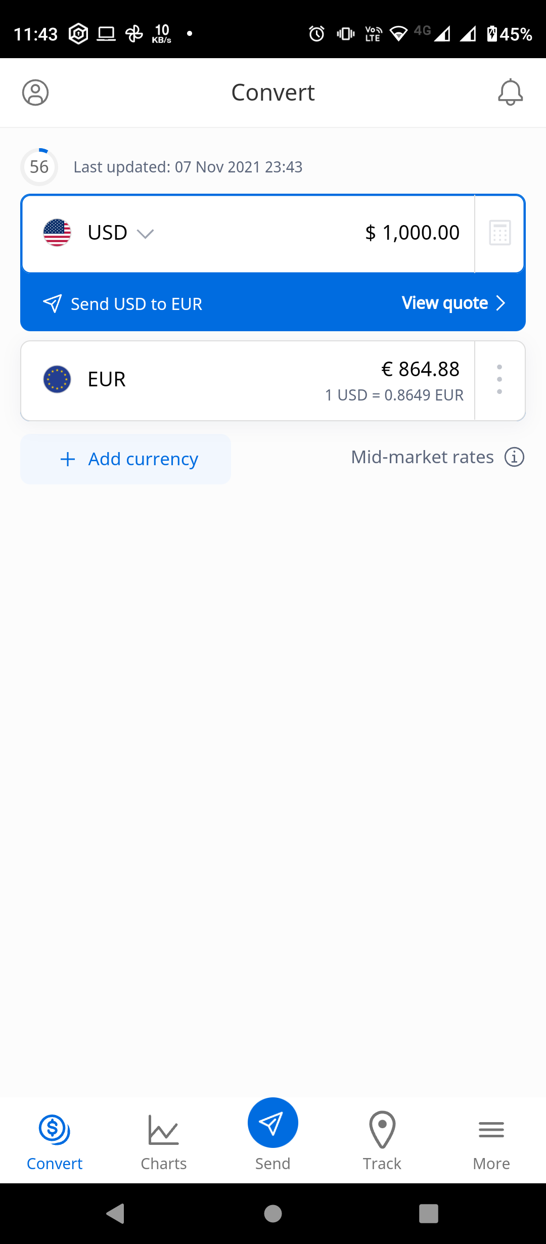 Currency conversion of 1USD