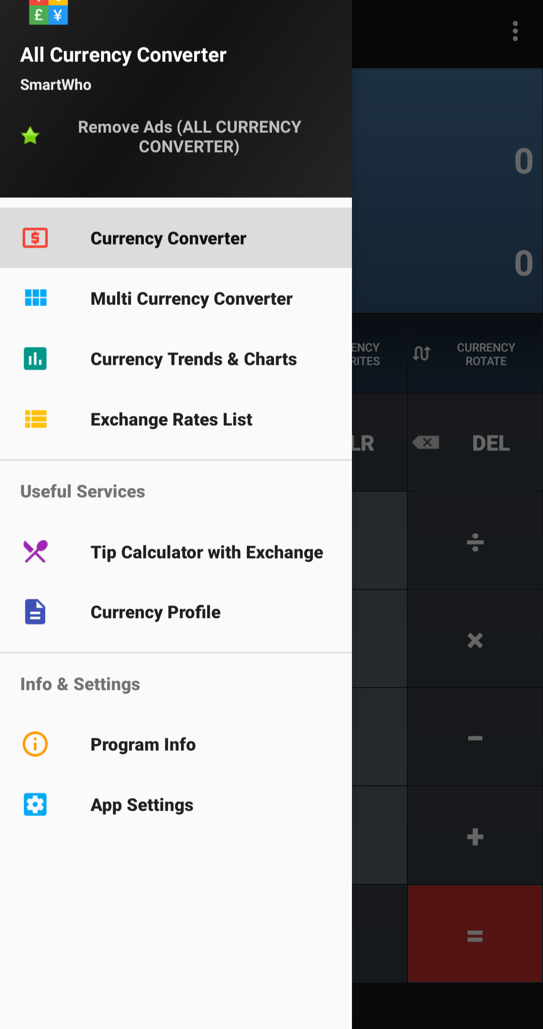 Main menu of all currency converter app
