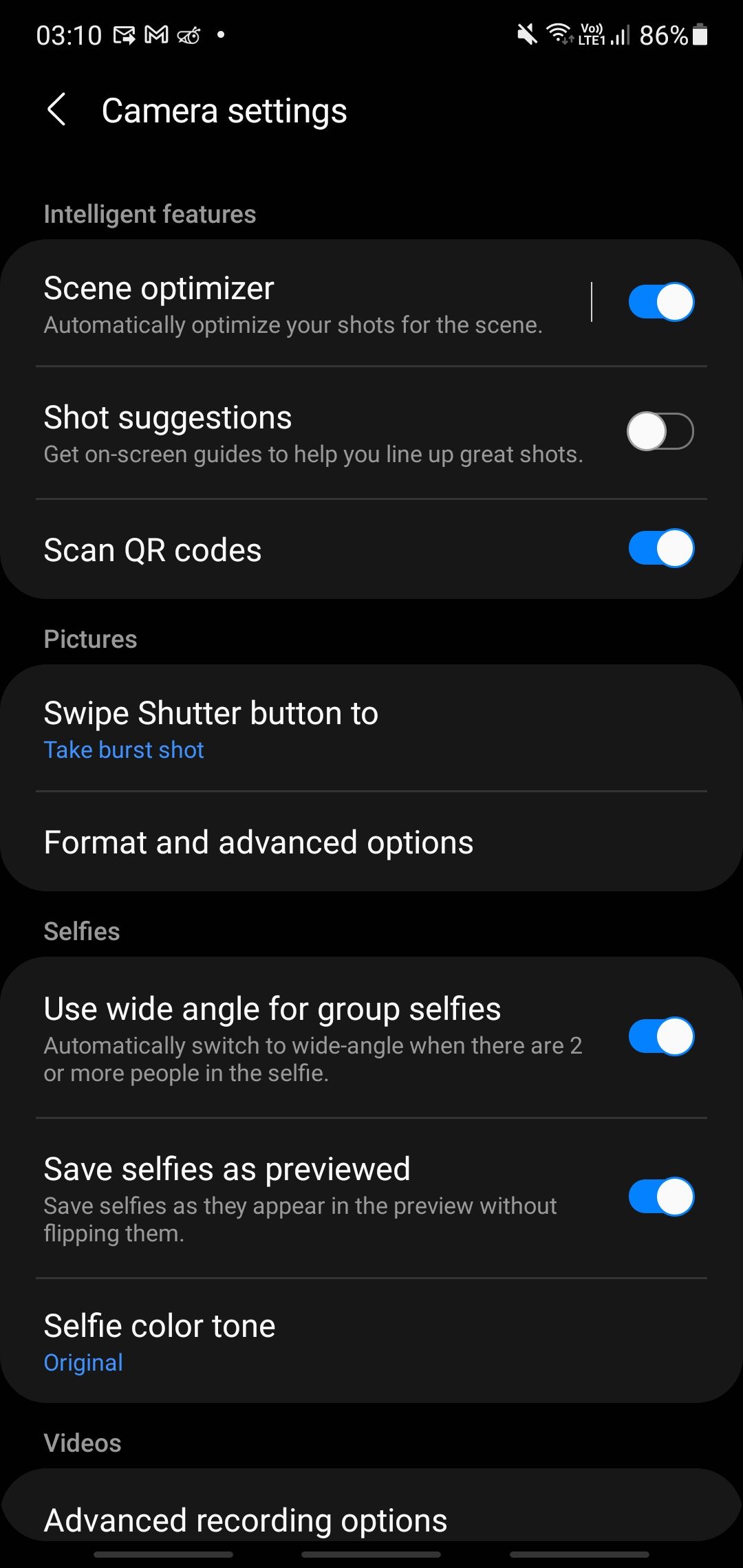 Samsung Galaxy camera app settings