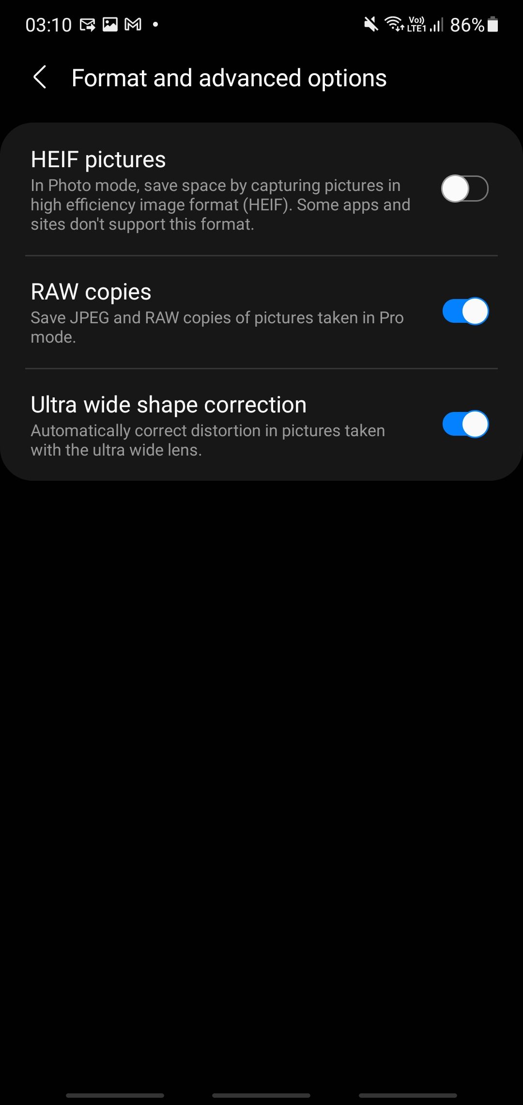 Camera settings screenshot for formatting and advanced options