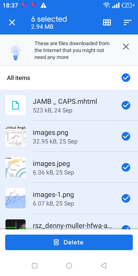 Screenshot of Files by Google showing files to be deleted