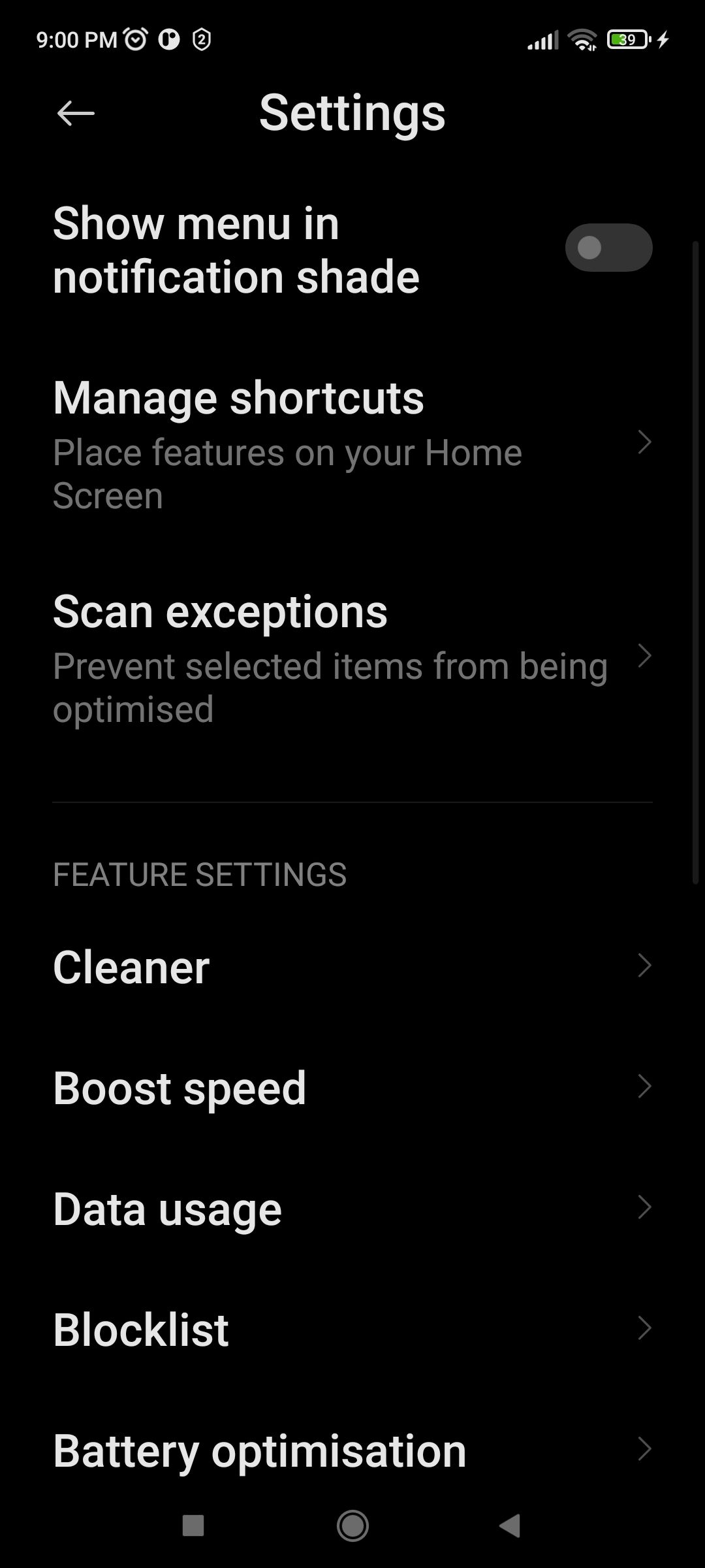 Xiaomi Security Settings Showing Cleaner Option