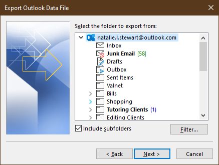 Select folders to back up Outlook 365