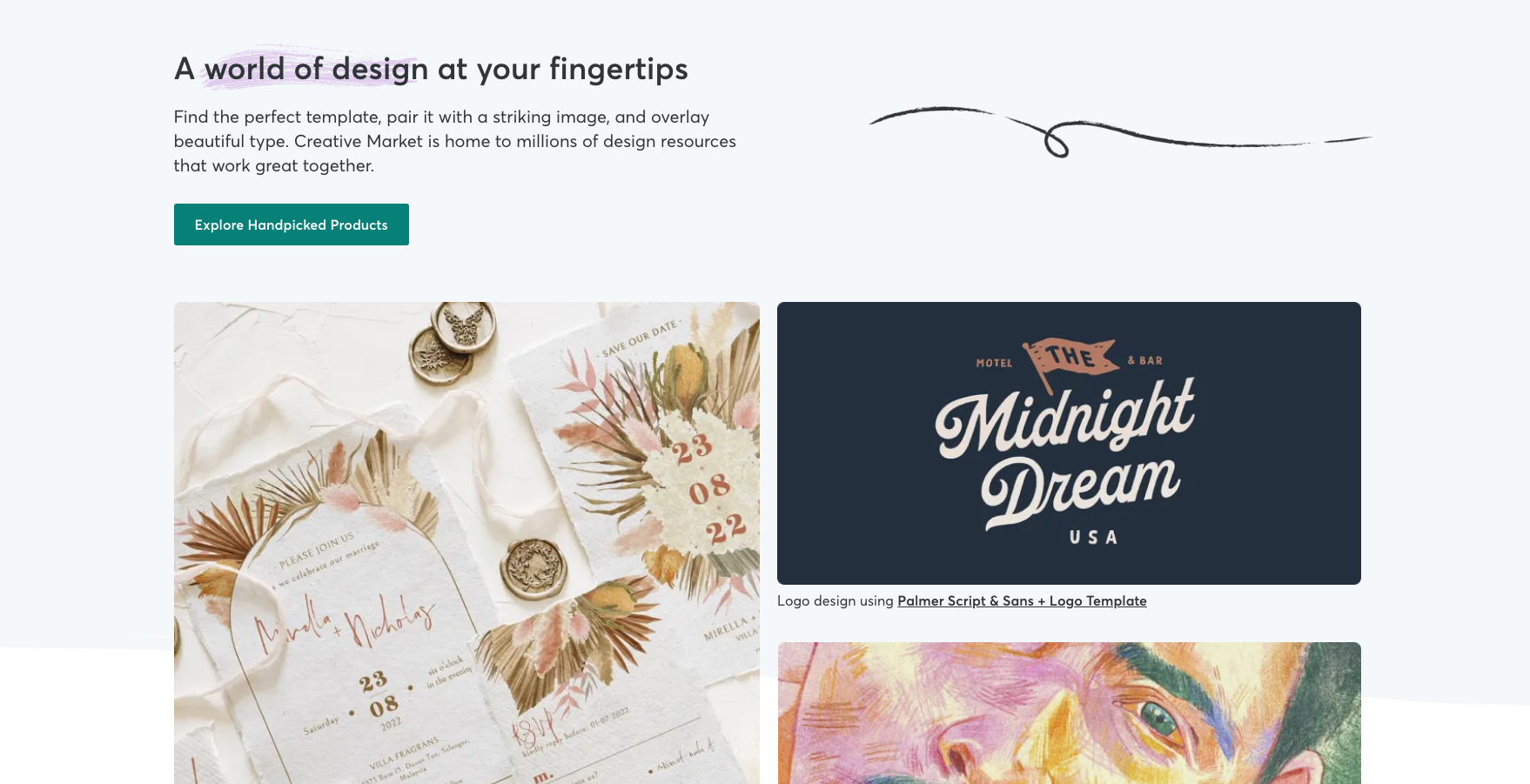 Screenshot of a website layout with three digital product photos.