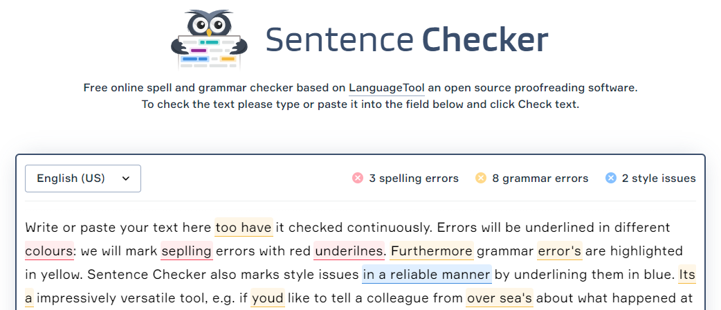 A Screenshot of Sentence Checker's Landing Page