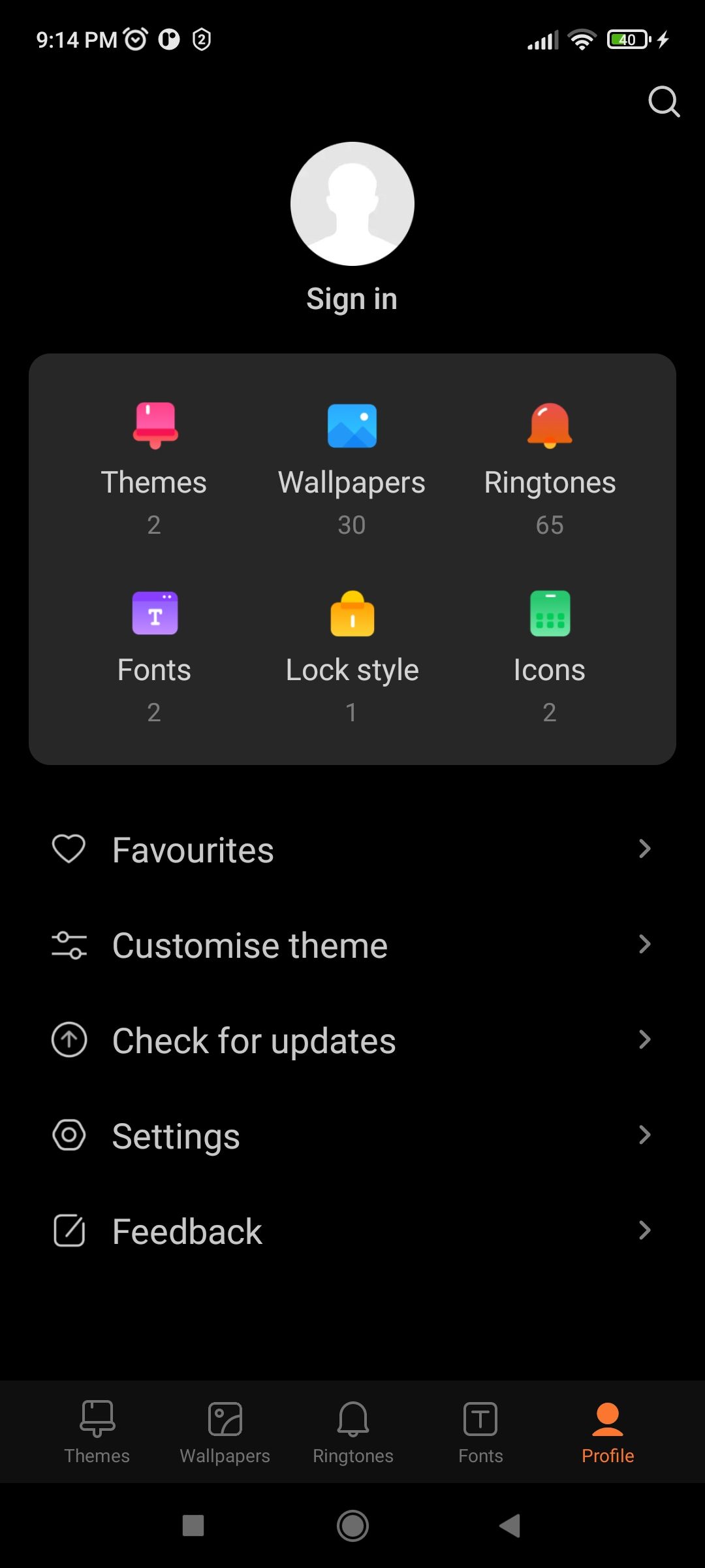 Settings Option in Profile Page of Themes App