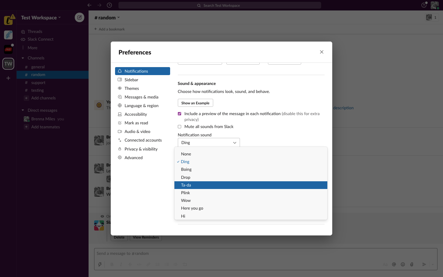 Image shows how to change Slack notification sounds