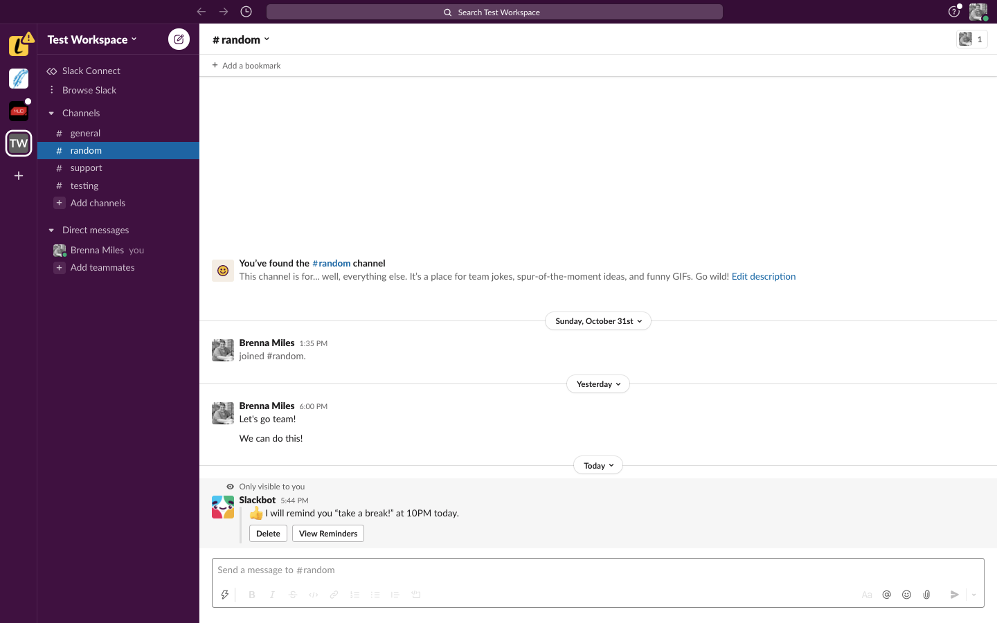 Image shows a Slack reminder in the message field