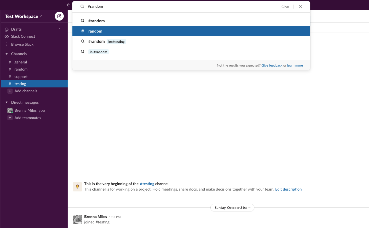 Image shows how to find a channel inside Slack via search