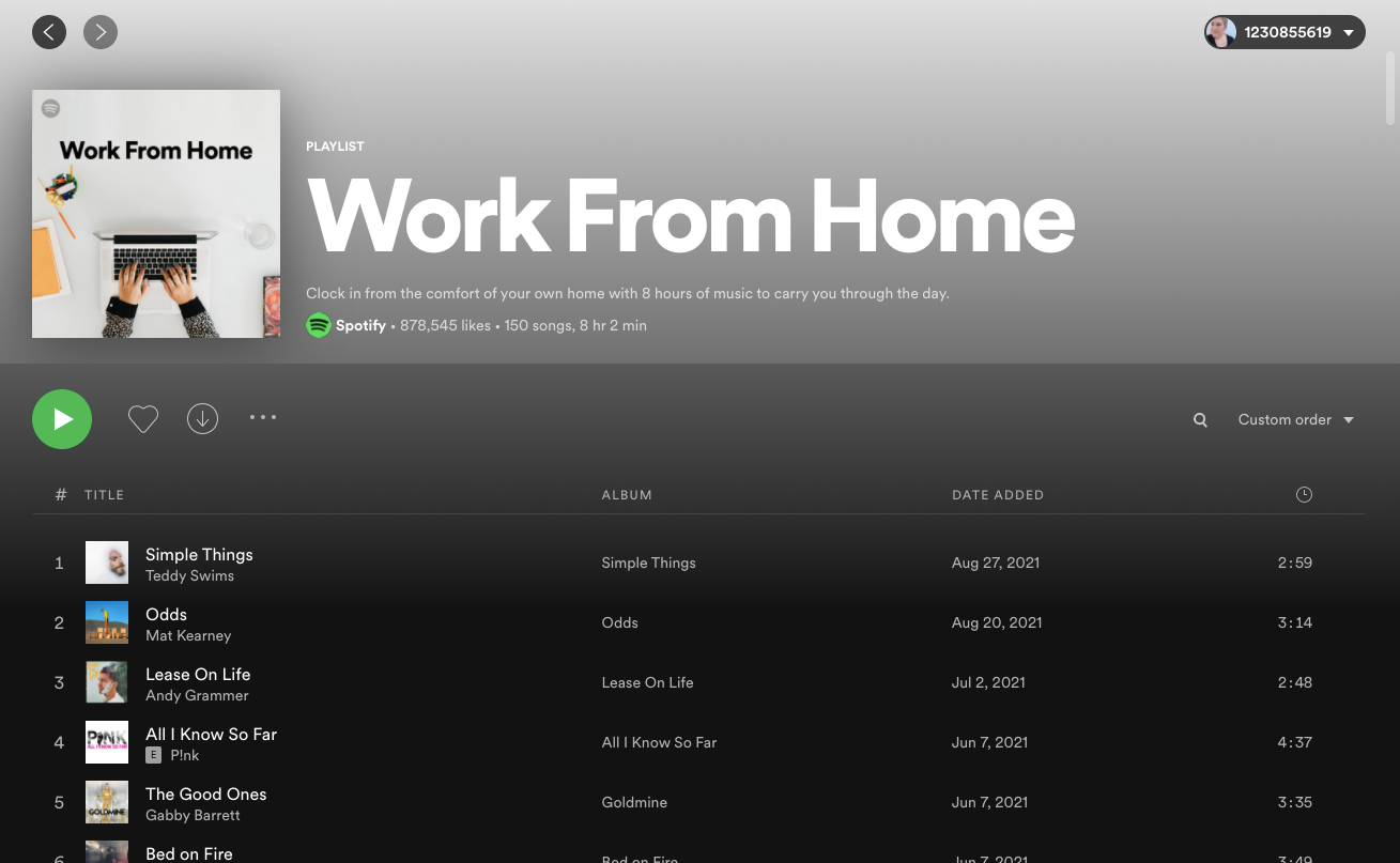 Image shows a Work From Home playlist on Spotify