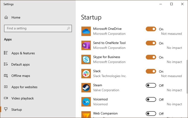 Startup Apps in Windows, with work-related apps disabled and games disabled.