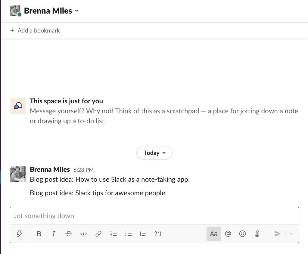 Image shows how to take notes inside Slack