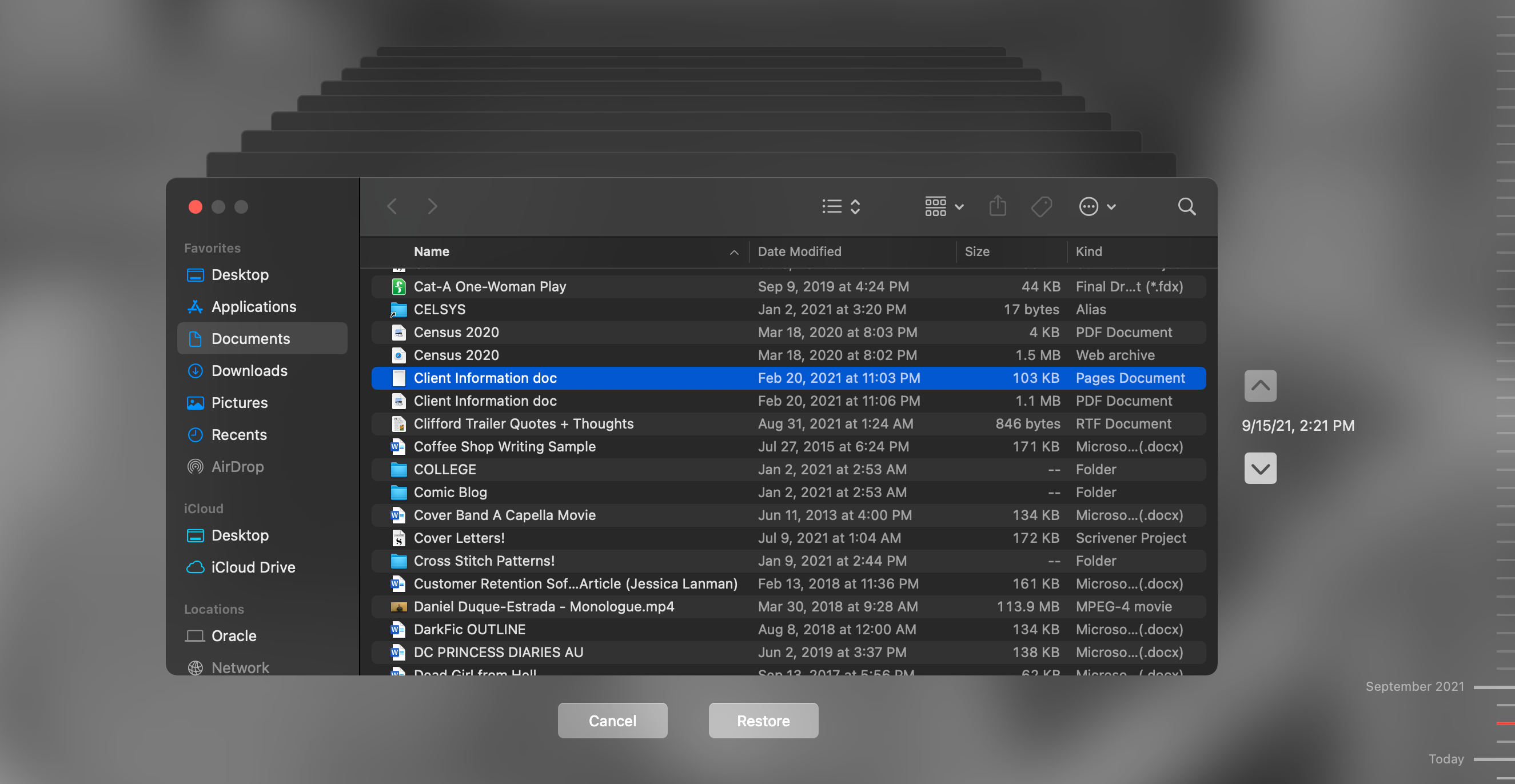 Time Machine local snapshot of Finder Documents folder on MacBook Pro