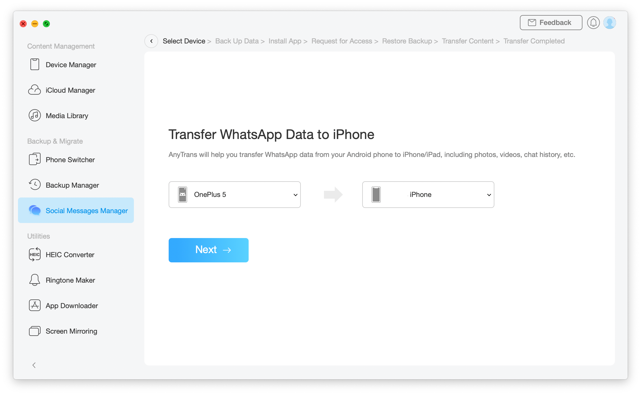 Transfer WhatsApp data from android to iphone in AnyTrans