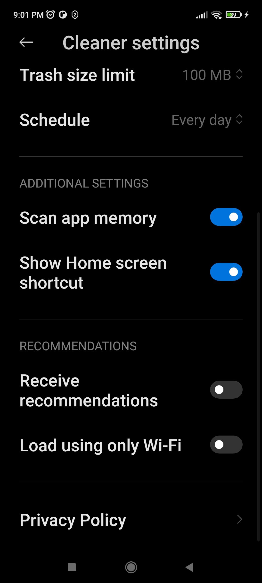 Receive Recommendations turned off in Cleaner Settings