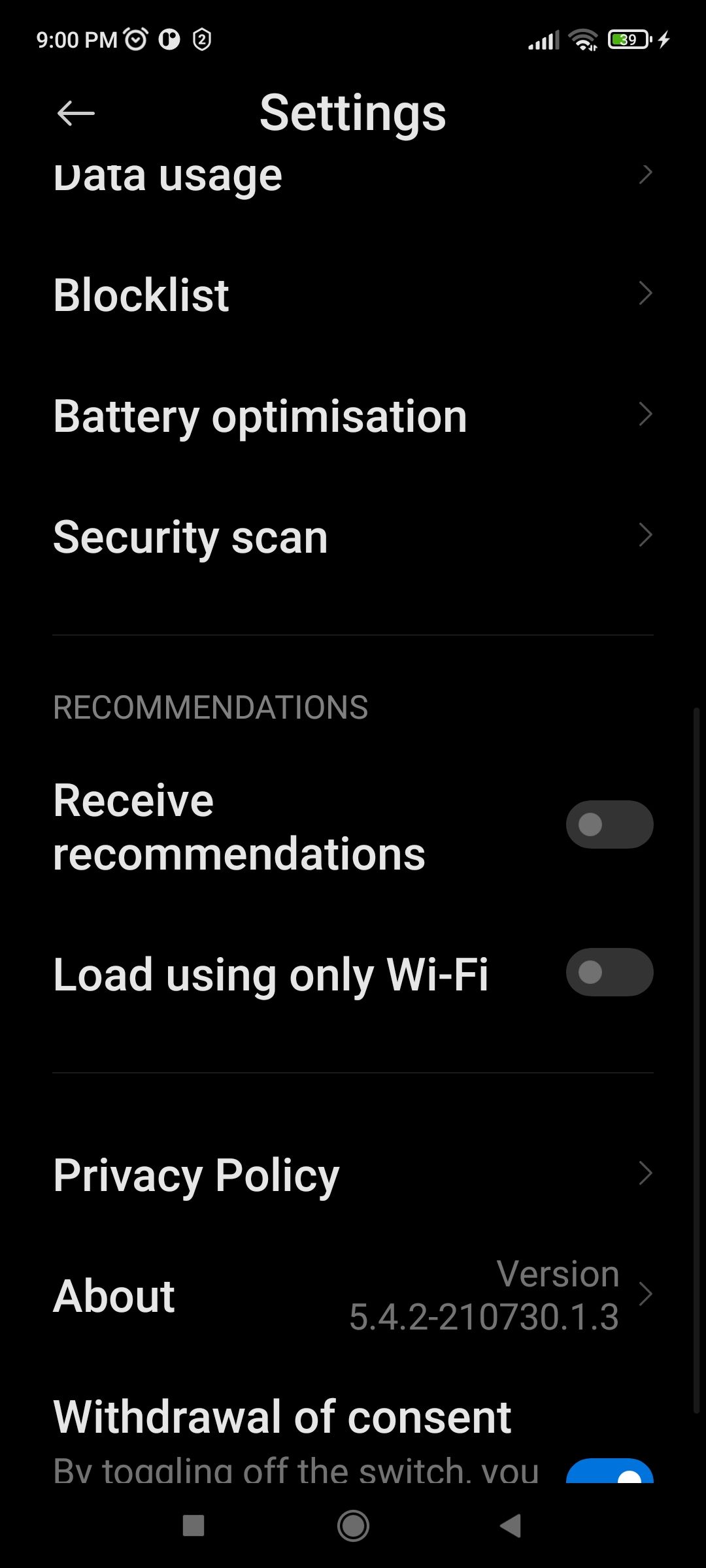 Receive Recommendations turned off in Security settings