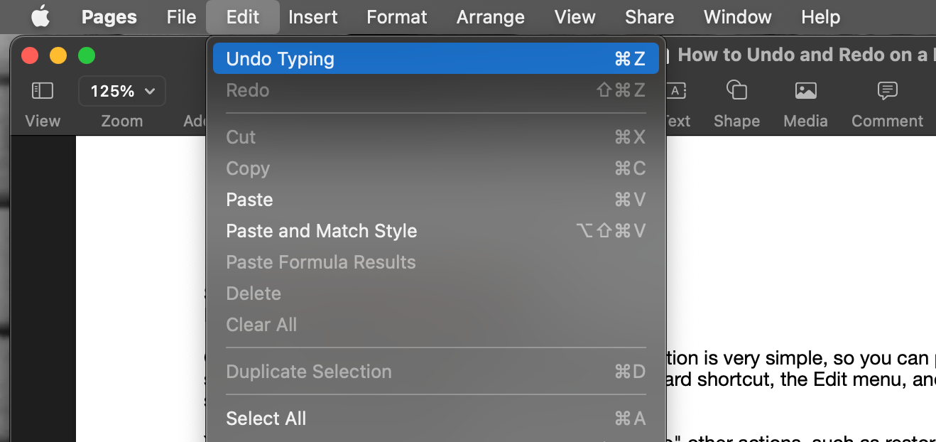 Undo and redo options visible under Edit menu in Pages on a MacBook Pro