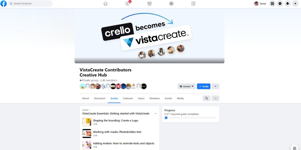 An image of the Facebook page of VistaCreate Contributors Creative Hub