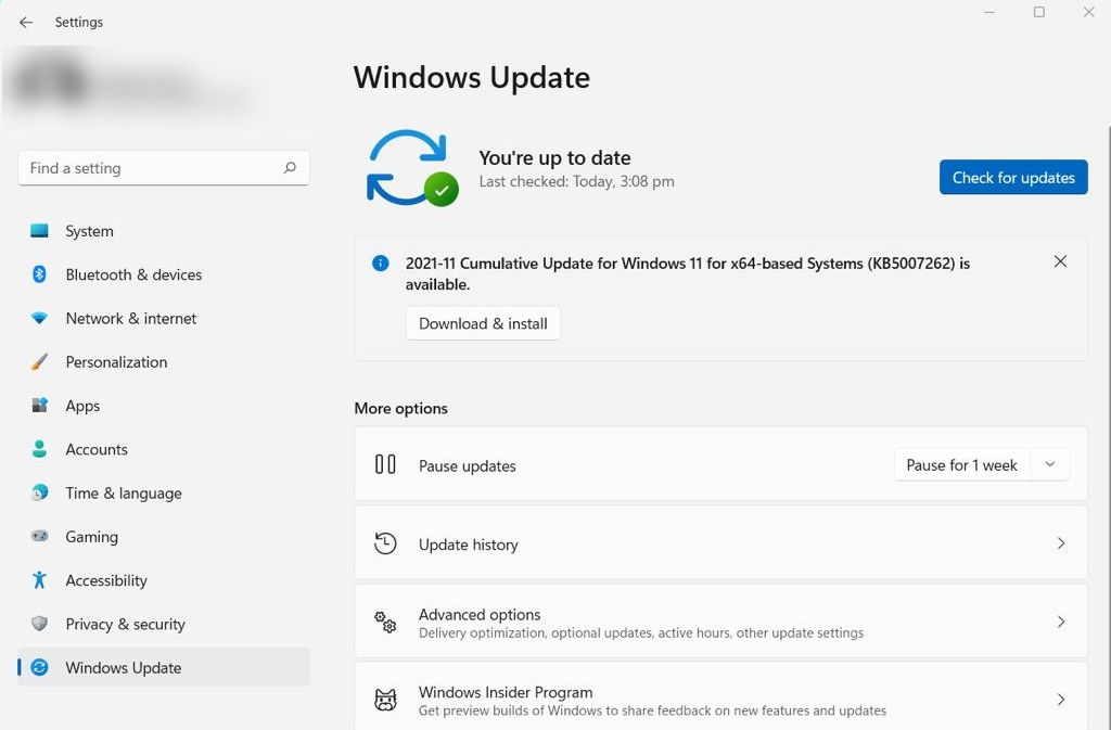 Windows update in windows 11 settings